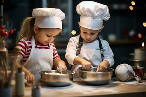 une image de adorable des gamins fabrication Noël biscuit pâte dans le cuisine, ai génératif photo