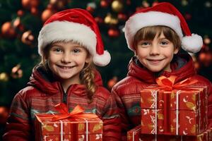 une photo de content les enfants avec Noël présente et ornements, ai génératif