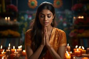 une image de une femme qui travaux dans un Bureau prier à Dieu pendant Diwali, ai génératif photo