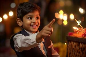 une image de une peu garçon montrer du doigt pendant Diwali, ai génératif photo