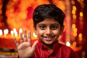 image de une Jeune garçon donnant le les pouces en haut à Diwali, ai génératif photo