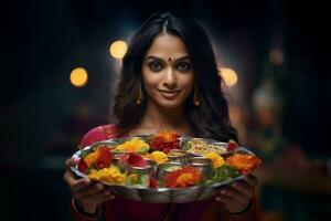 photo de un Indien femme en portant une puja thali avec une diya et souci fleurs, ai génératif