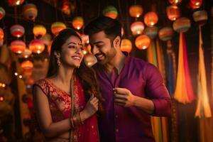 une image de une magnifique Indien couple portant traditionnel vêtements à célébrer Diwali, ai génératif photo