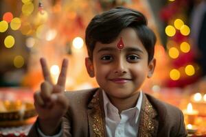 image de une Jeune garçon donnant le les pouces en haut à Diwali, ai génératif photo