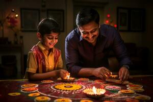 une photo de un Indien homme et le sien fils fabrication une rangoli avec bougies, ai génératif