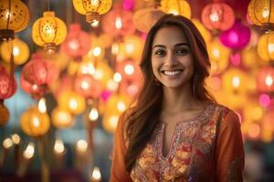 une image de une femme souriant tandis que permanent à une diwali festival, ai génératif photo