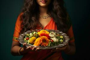 photo de un Indien femme en portant une puja thali avec une diya et souci fleurs, ai génératif