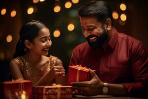une image de une père et fille donnant chaque autre cadeaux sur Diwali, ai génératif photo