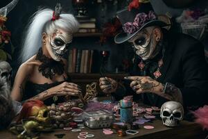 une image de deux gens avoir prêt pour une Halloween faire la fête, ai génératif photo