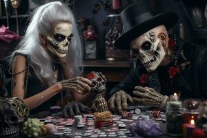 une image de deux gens avoir prêt pour une Halloween faire la fête, ai génératif photo
