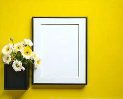 blanc Vide Cadre maquette sur Jaune mur et fleur ai produire photo