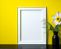 blanc Vide Cadre maquette sur Jaune mur et fleur ai produire photo