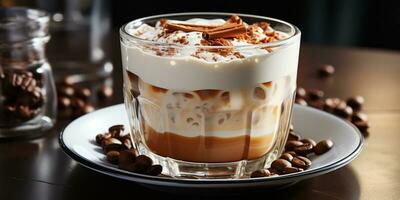 café dans une transparent verre, une tasse avec Lait mousse photo