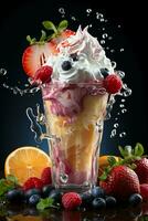 Milk-shake dans une clair verre de fruit dans le Contexte avec Lait éclaboussures et gouttes photo
