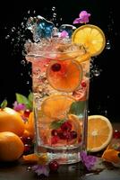 coloré cocktail avec glace, fruit, éclaboussures sur une foncé Contexte photo