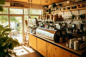 à l'intérieur nettoyer cuisine de une moderne restaurant ou mini café avec cuisine ustensiles et petit bar compteur concept par ai généré photo