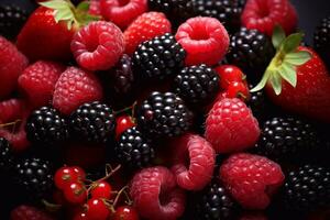 proche en haut image de rouge et noir baie mûres et framboises génératif ai photo