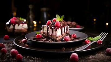indulgent gourmet Chocolat cheesecake avec Frais framboise ai génératif photo