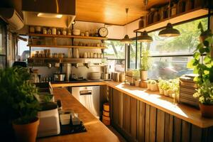 à l'intérieur nettoyer cuisine de une moderne restaurant ou mini café avec cuisine ustensiles et petit bar compteur concept par ai généré photo