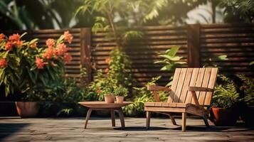 une photo de chaises et parapluie dans le jardin. 3d le rendu très important la personne endroit génératif ai