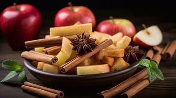 une image de bol avec cannelle des bâtons, pommes et épices sur foncé en bois Contexte génératif ai photo