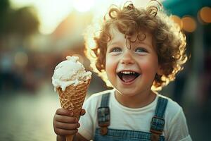 mignonne garçon en portant crème glacée sur gaufre cône à le parc. génératif ai. photo