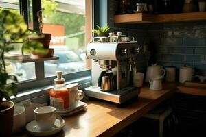 à l'intérieur nettoyer cuisine de une moderne restaurant ou mini café avec cuisine ustensiles et petit bar compteur concept par ai généré photo