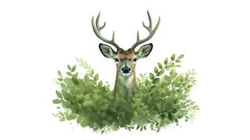 illustration de une cerf avec vert feuilles, blanc Contexte. ai génératif photo