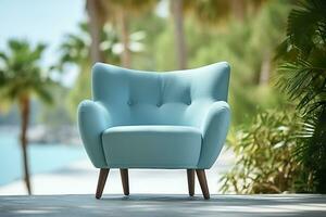 photo de une moderne lumière bleu Couleur fauteuil seul dans le tropical arrière-plan, ai génératif