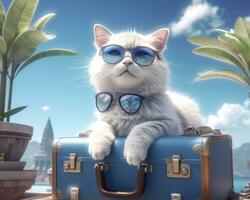 mignonne chat sur bleu valise avec des lunettes de soleil. ai génératif photo