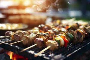 un barbecue nourriture fête été grillage Viande dans le après midi de fin de semaine content faire la fête. ai génératif photo