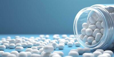blanc pilules de Plastique médicament bouteilles sur bleu Contexte avec copie espace. médicament et santé concept. 3d le rendu. ai génératif photo