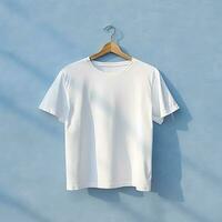 Facile blanc T-shirt sur doux bleu Contexte. ai génératif photo