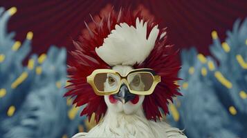 portrait de une coq portant des lunettes et une arc cravate. anthropomorphe poule. ai génératif photo