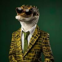 marrant crocodile dans une costume, chapeau et des lunettes sur une foncé Contexte. ai génératif photo