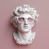 le tête de une blanc mythologique statue avec à la mode rose des lunettes sur le sien yeux, Cadre dans profil. ai génératif photo