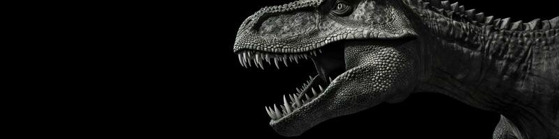 noir et blanc photoréaliste studio portrait de une tyrannosaure Rex sur noir Contexte. génératif ai photo