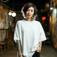 ai généré un asiatique fille avec tatouages portant une blanc énorme T-shirt photo