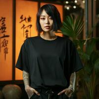 ai généré un asiatique fille avec tatouages portant une noir énorme T-shirt photo
