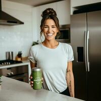 ai généré brunette femme portant Vide blanc T-shirt et en portant une bouteille, dans moderne cuisine photo