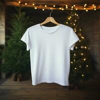 ai généré blanc Vide t - chemise pendaison sur le Noël arbre photo