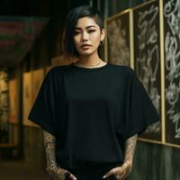 ai généré un asiatique fille avec tatouages portant une noir énorme T-shirt photo