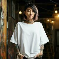 ai généré un asiatique fille avec tatouages portant une blanc énorme T-shirt photo