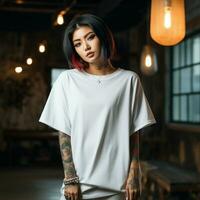 ai généré un asiatique fille avec tatouages portant une blanc énorme T-shirt photo