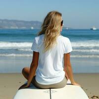 ai généré fille asseoir sur le surfant conseil, plage voir, Vide blanc t - chemise, retour vue photo