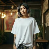 ai généré un asiatique fille avec tatouages portant une blanc énorme T-shirt photo