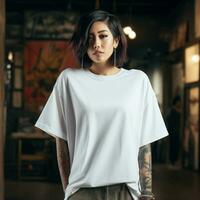 ai généré un asiatique fille avec tatouages portant une blanc énorme T-shirt photo