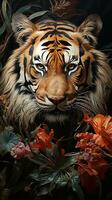 magnifique tigre avec fleurs dans le jungle. 3numérique La peinture de une sauvage animal. ai génératif photo