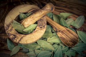 feuilles de laurier et baies de genièvre sur bois d'olivier