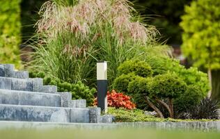 magnifique jardin avec béton escaliers et LED éclairage photo